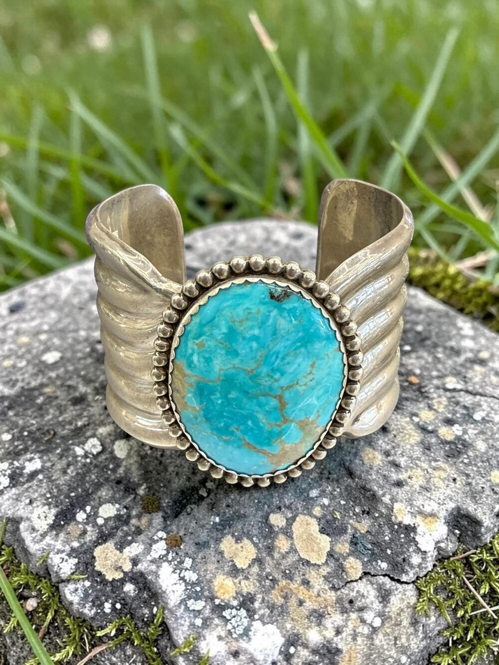 Vintage Mexican Sterling Silver Cuff With Large Turquoise Center Stone